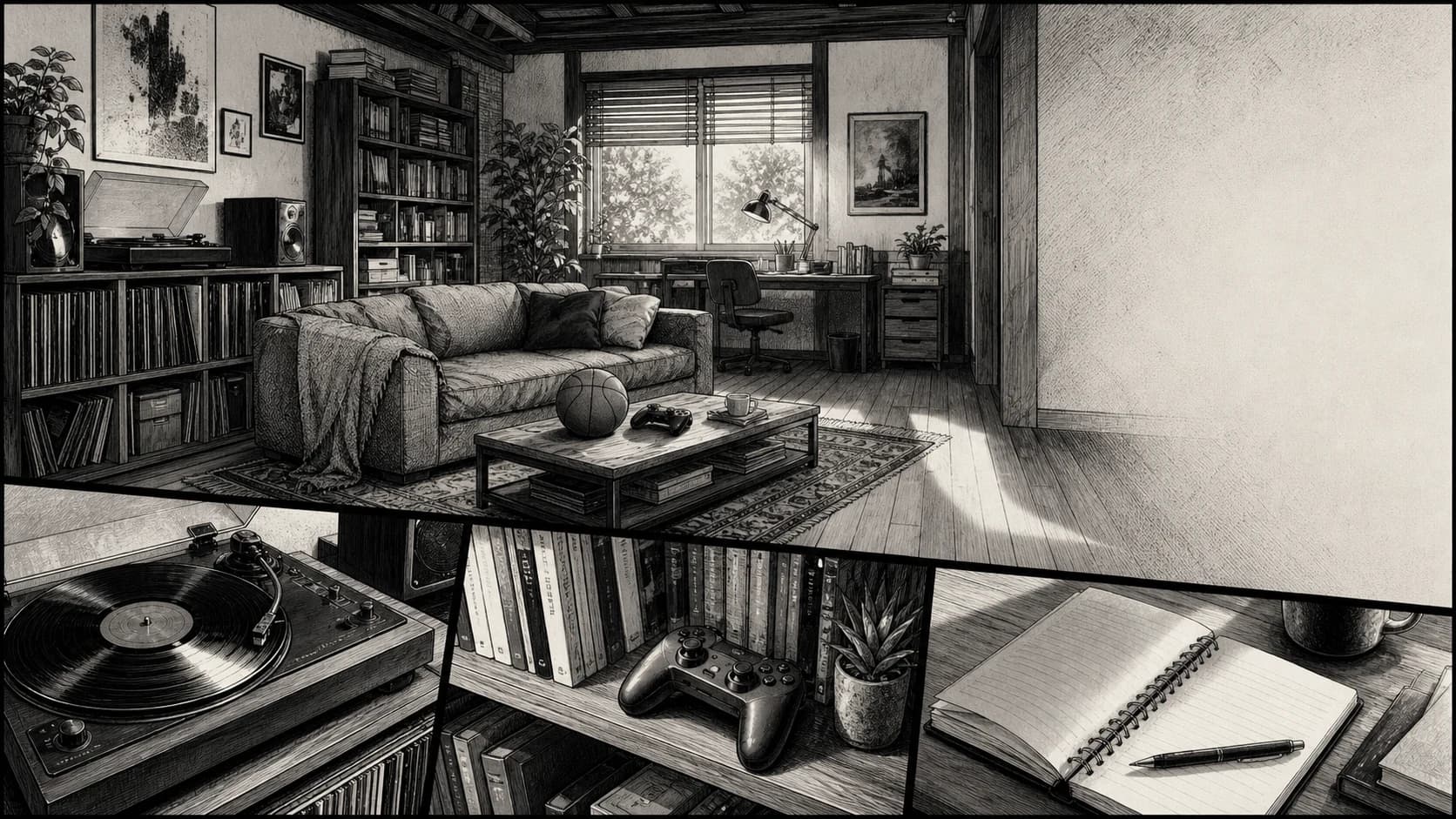 A miniature recreation room with books, records, games, and a writing desk